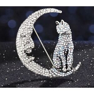Crystal Cat On The Moon Brooch Crystal Pin Vintage Style NWT